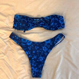 Blue floral bandeau top and high cut bottom bikini set
